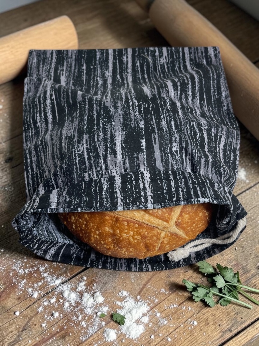 Black & Gray Cotton Bread Bag, Handmade Reusable Bread Storage Bag, Drawstring